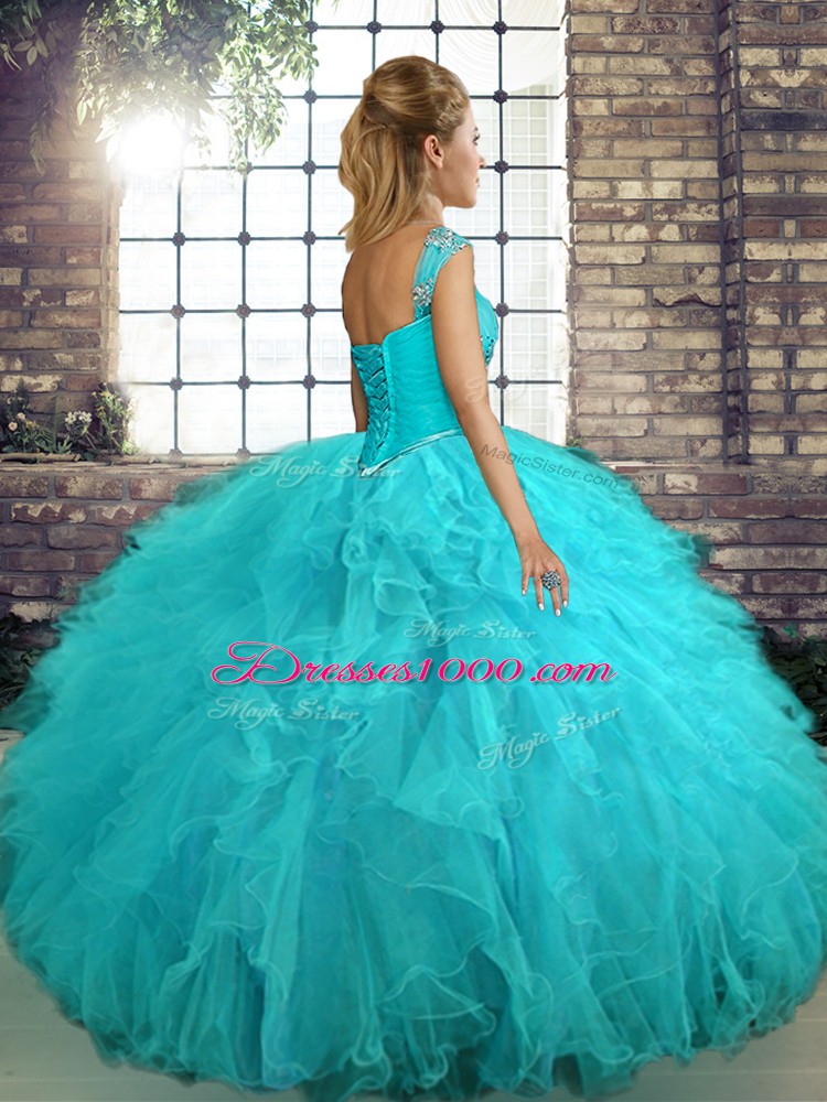 Dynamic Blue Off The Shoulder Neckline Beading and Ruffles Quince Ball Gowns Sleeveless Lace Up