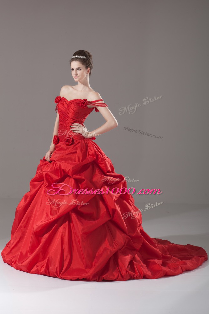 Classical Red Ball Gowns Off The Shoulder Sleeveless Taffeta Brush Train Lace Up Ruching and Pick Ups and Hand Made Flower Quinceanera Dress