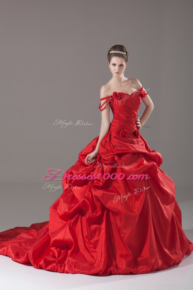 Classical Red Ball Gowns Off The Shoulder Sleeveless Taffeta Brush Train Lace Up Ruching and Pick Ups and Hand Made Flower Quinceanera Dress