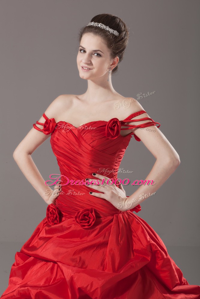 Classical Red Ball Gowns Off The Shoulder Sleeveless Taffeta Brush Train Lace Up Ruching and Pick Ups and Hand Made Flower Quinceanera Dress