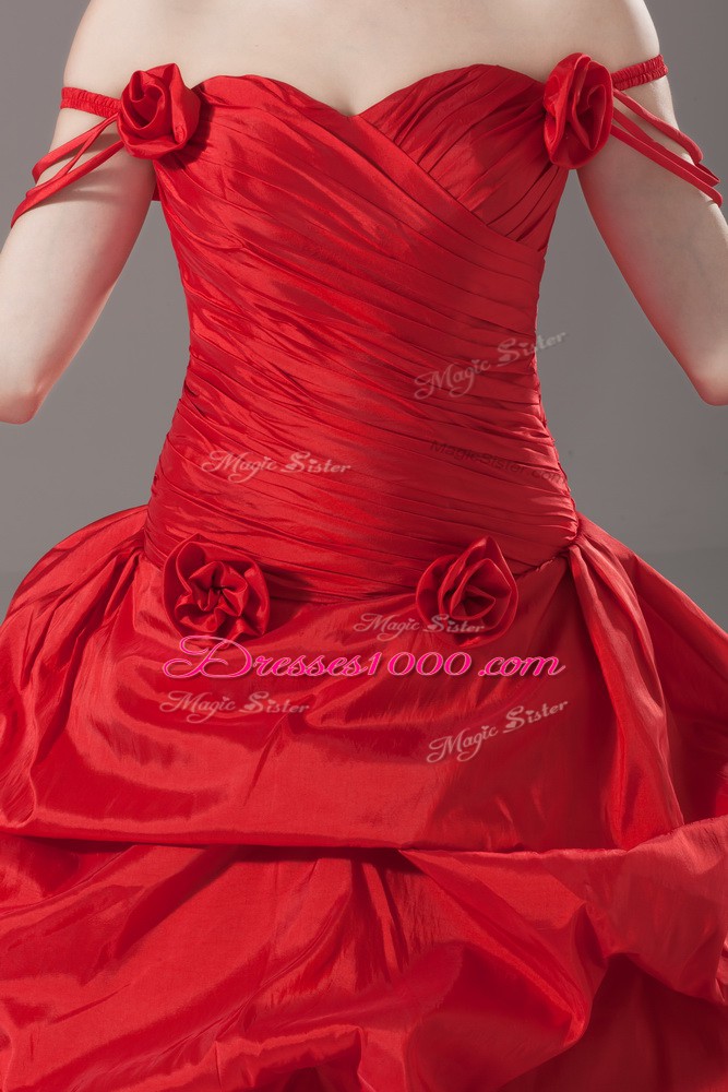 Classical Red Ball Gowns Off The Shoulder Sleeveless Taffeta Brush Train Lace Up Ruching and Pick Ups and Hand Made Flower Quinceanera Dress