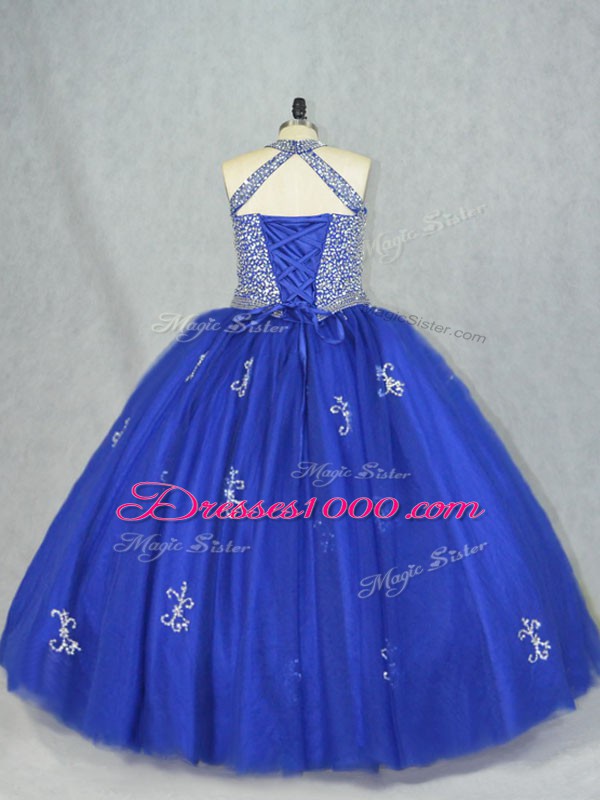 Floor Length Lace Up 15 Quinceanera Dress Blue for Sweet 16 and Quinceanera with Beading