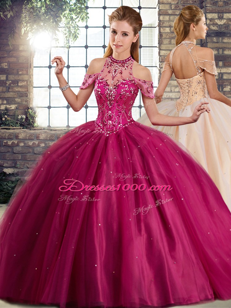 Nice Sleeveless Tulle Brush Train Lace Up Quinceanera Dress in Fuchsia with Beading