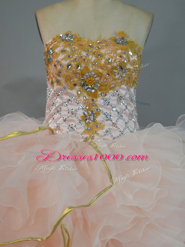 Glittering Peach Ball Gowns Beading and Ruffles Sweet 16 Dress Lace Up Organza Sleeveless Floor Length