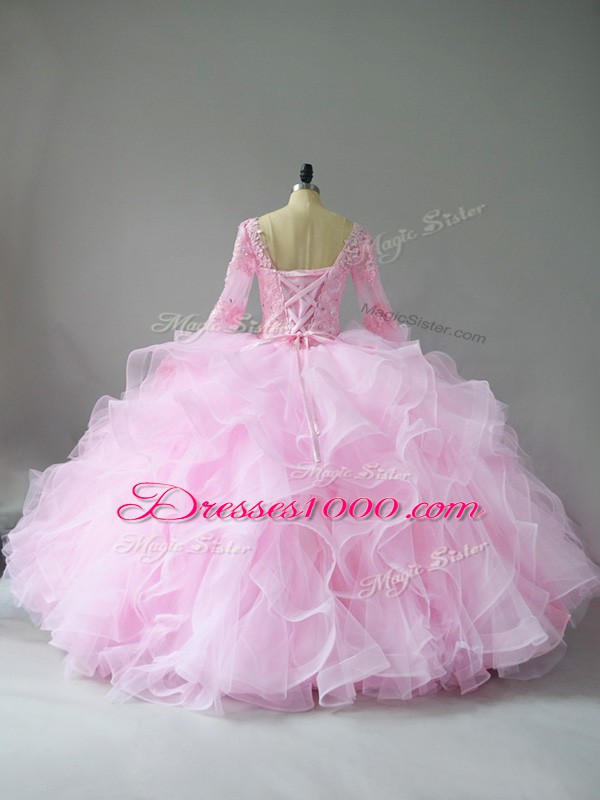 Dazzling Pink Tulle Lace Up V-neck Long Sleeves Floor Length Quinceanera Dresses Lace and Ruffles