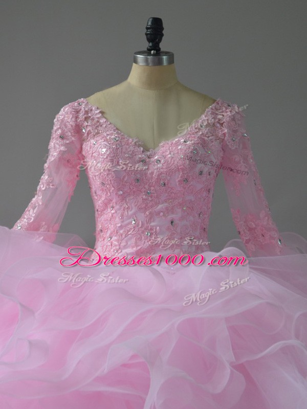 Dazzling Pink Tulle Lace Up V-neck Long Sleeves Floor Length Quinceanera Dresses Lace and Ruffles