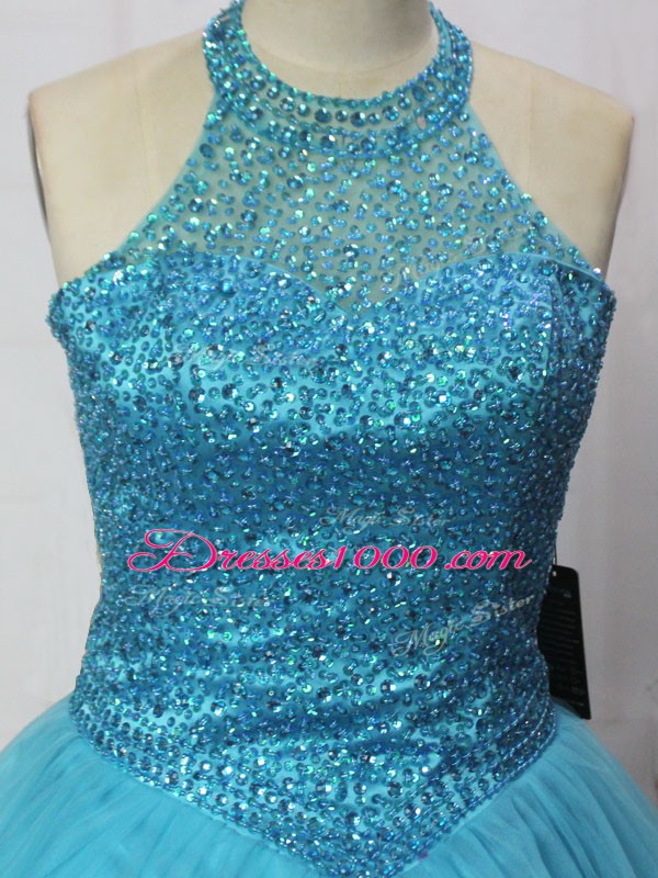 Suitable Teal Halter Top Neckline Beading Quinceanera Gowns Sleeveless Lace Up