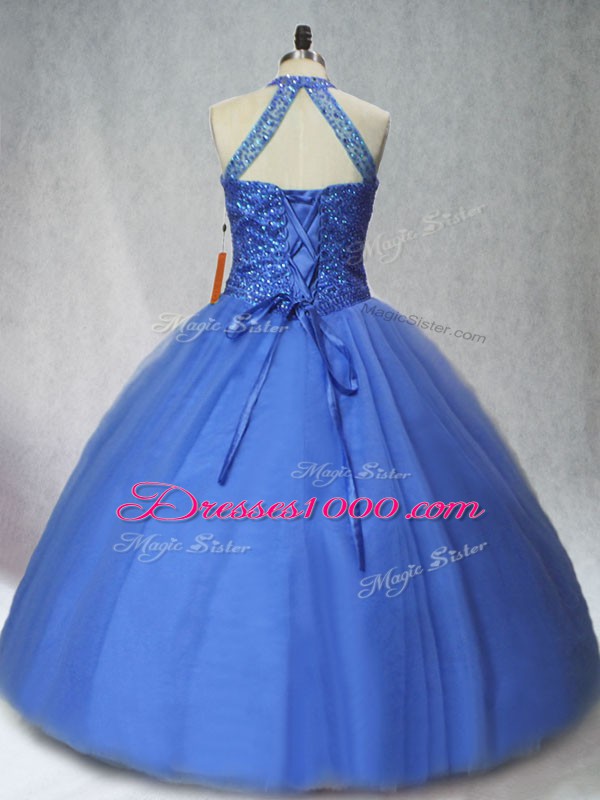 Charming Floor Length Lace Up Ball Gown Prom Dress Blue for Sweet 16 and Quinceanera with Beading