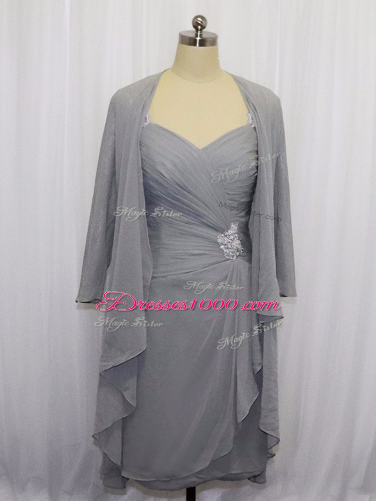Stunning Grey Half Sleeves Chiffon Zipper Prom Gown for Prom and Party