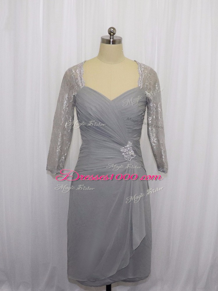 Stunning Grey Half Sleeves Chiffon Zipper Prom Gown for Prom and Party