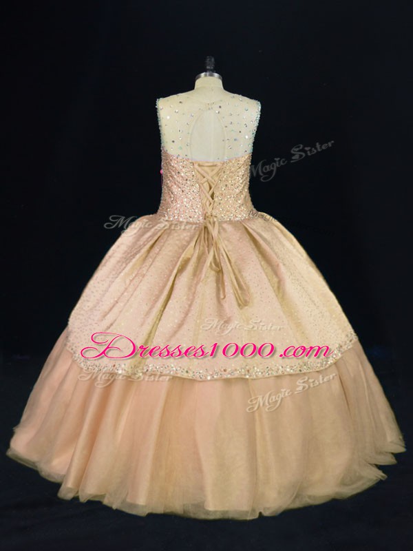 Elegant Beading Quinceanera Gown Peach Lace Up Sleeveless Floor Length