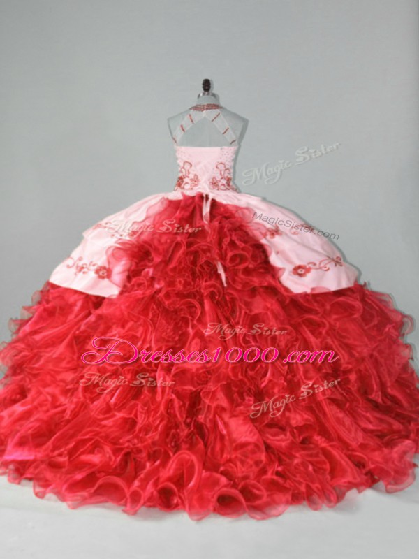 Fantastic Sleeveless Embroidery and Ruffles Lace Up 15th Birthday Dress with Red Court Train