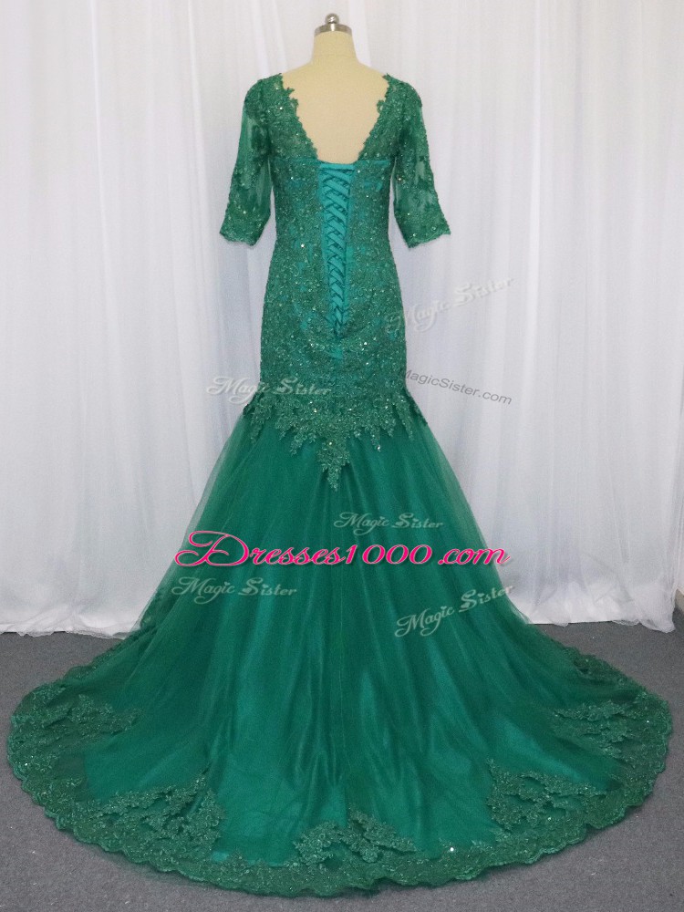 Beauteous Half Sleeves Brush Train Lace and Appliques Lace Up Prom Dresses