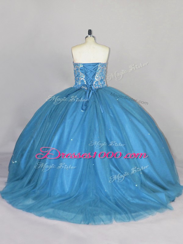 Sleeveless Brush Train Lace Up Beading Ball Gown Prom Dress