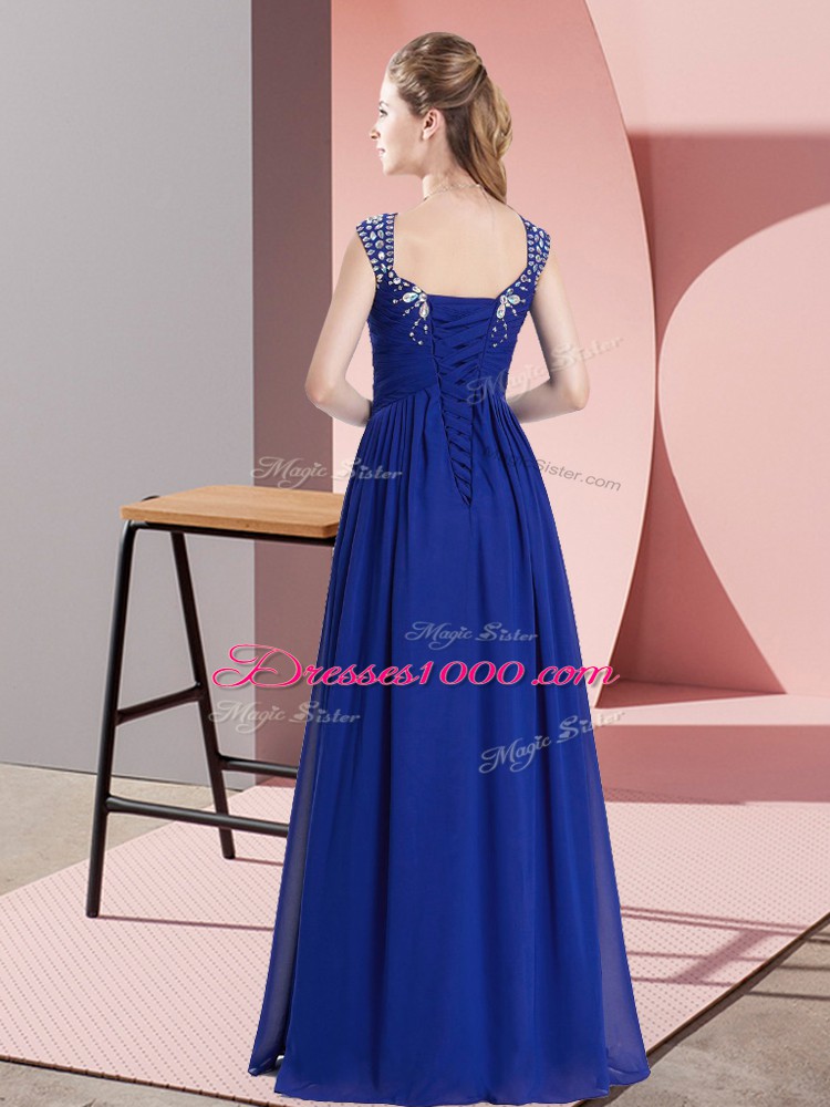 Discount Straps Cap Sleeves Prom Gown Floor Length Beading Teal Chiffon