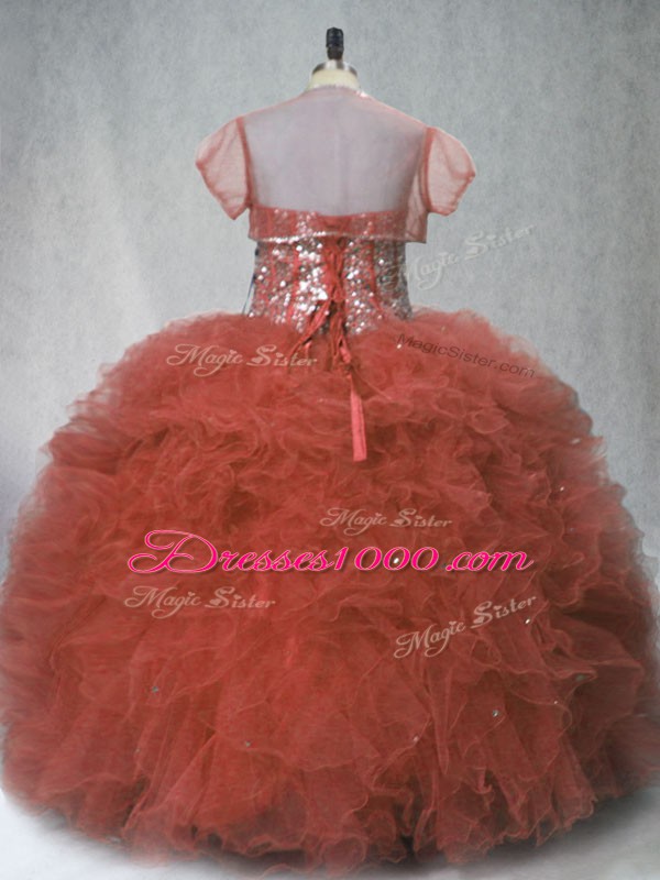 High End Beading and Ruffles Quinceanera Gown Rust Red Lace Up Sleeveless Floor Length