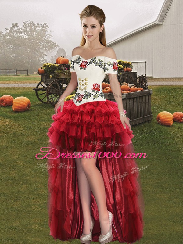 Fantastic Sleeveless Floor Length Embroidery and Ruffled Layers Lace Up Vestidos de Quinceanera with Wine Red