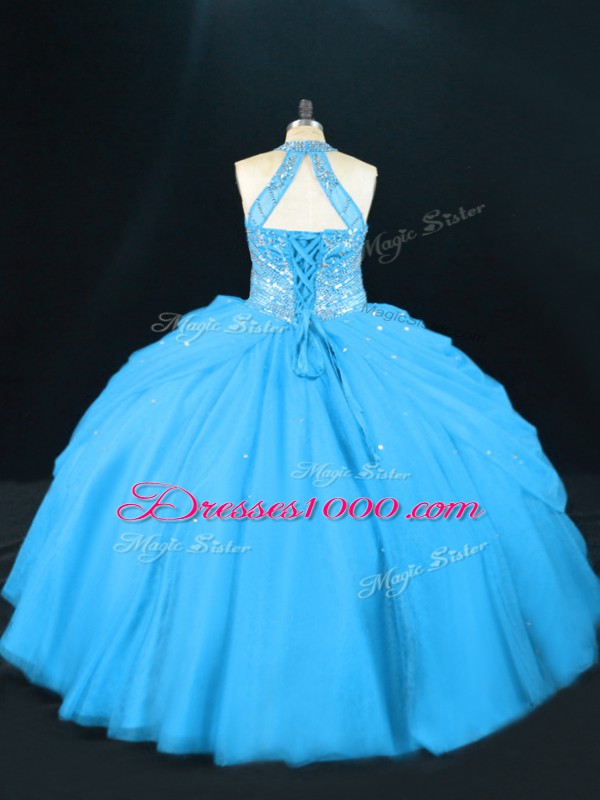 Aqua Blue Sleeveless Beading Floor Length Sweet 16 Dress