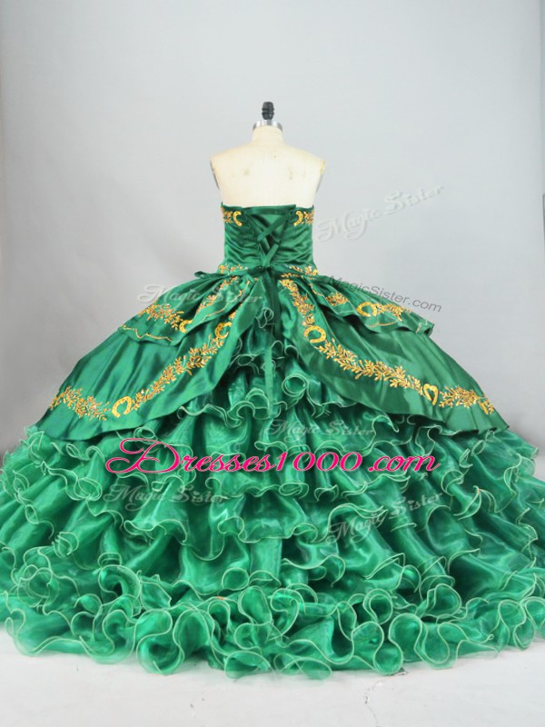 Green Quinceanera Gown Sweetheart Sleeveless Brush Train Lace Up