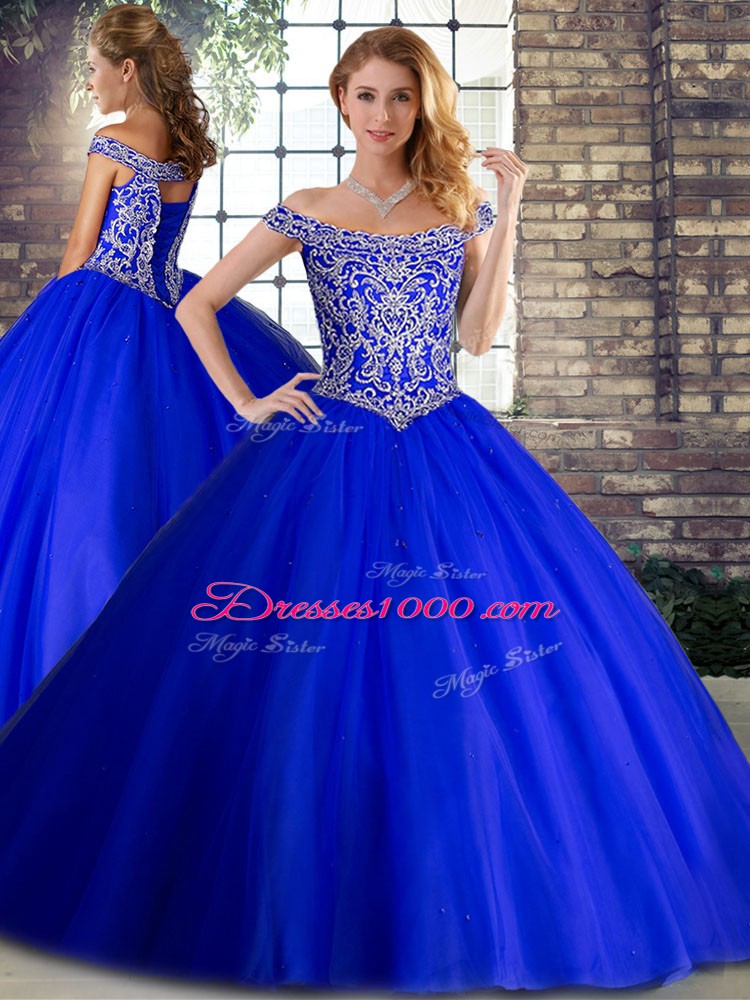 Superior Royal Blue Two Pieces Tulle Off The Shoulder Sleeveless Beading Lace Up Vestidos de Quinceanera Brush Train