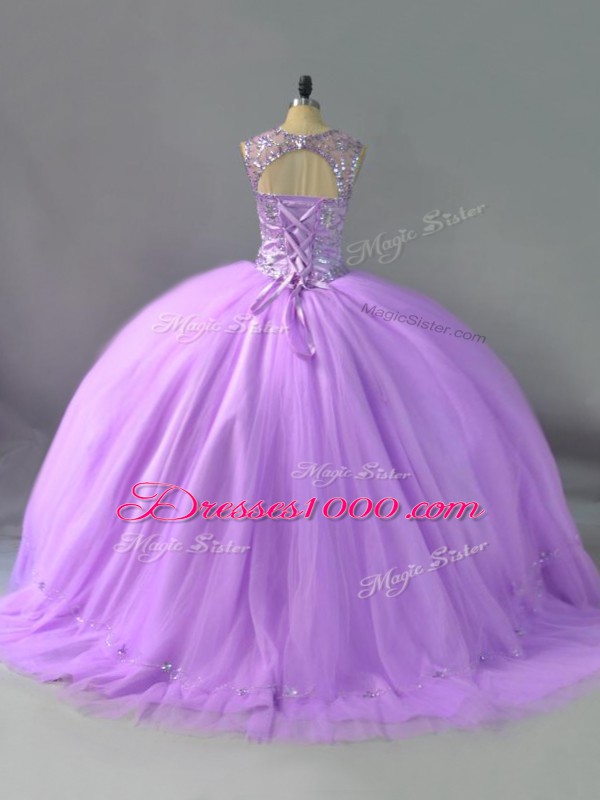 Lavender Lace Up Scoop Beading 15 Quinceanera Dress Tulle Sleeveless