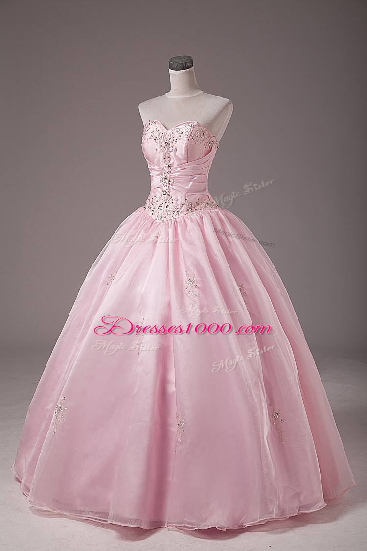 Elegant Baby Pink Lace Up Strapless Beading and Embroidery Sweet 16 Dress Organza Sleeveless