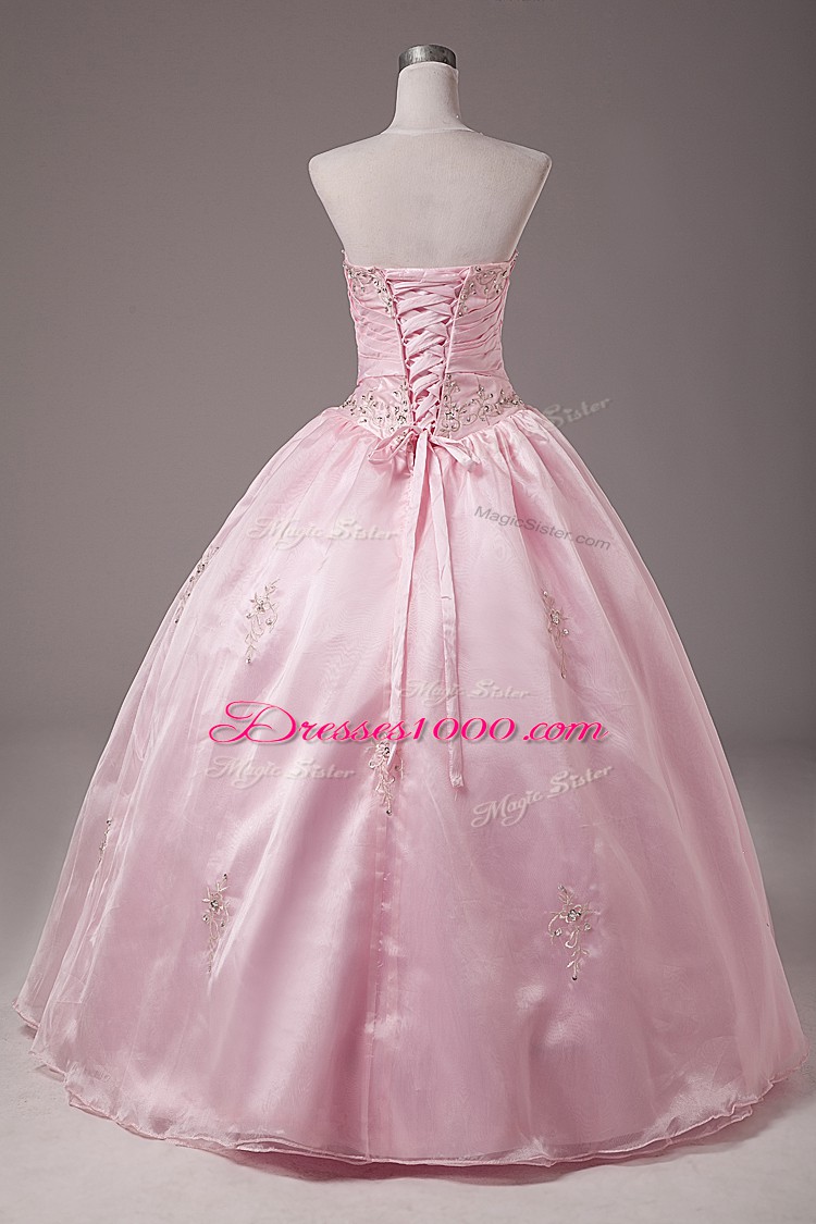 Elegant Baby Pink Lace Up Strapless Beading and Embroidery Sweet 16 Dress Organza Sleeveless