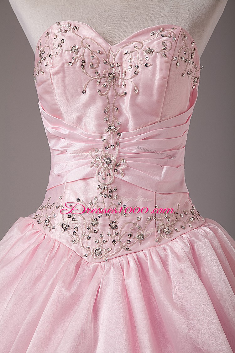Elegant Baby Pink Lace Up Strapless Beading and Embroidery Sweet 16 Dress Organza Sleeveless
