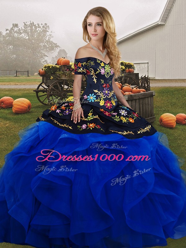 Flare Blue And Black Lace Up Off The Shoulder Embroidery and Ruffles Sweet 16 Dresses Tulle Sleeveless