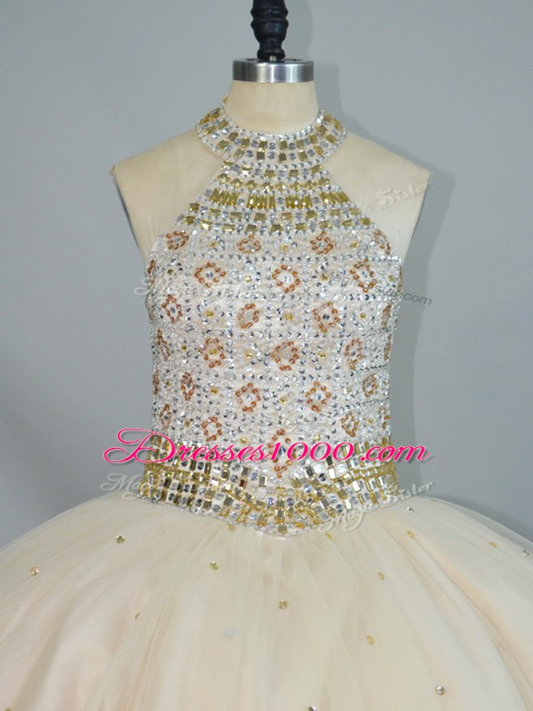 Fashion Floor Length Ball Gowns Sleeveless Champagne Quinceanera Gown Lace Up