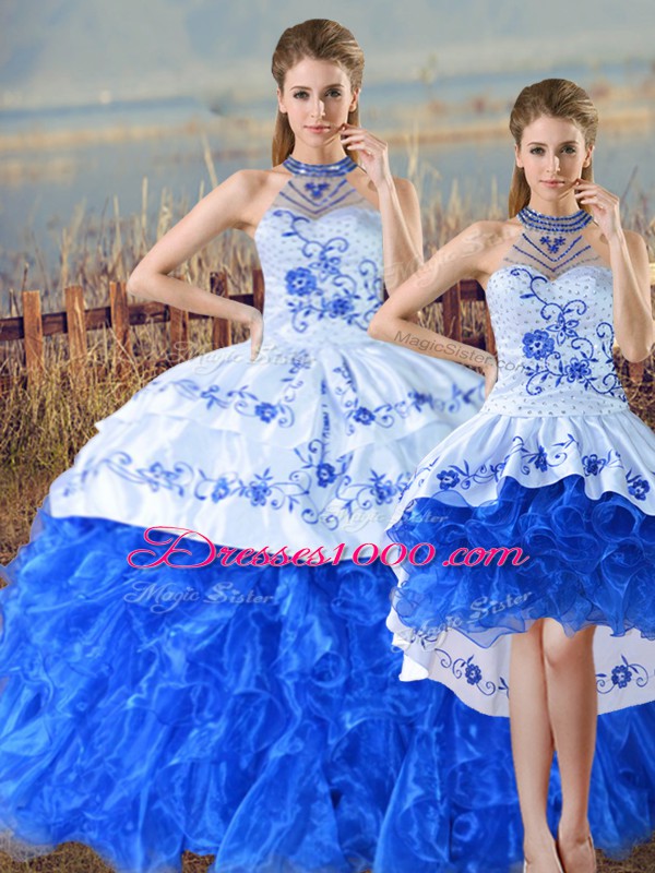 Floor Length Blue And White Quinceanera Dresses Organza Court Train Sleeveless Embroidery and Ruffles