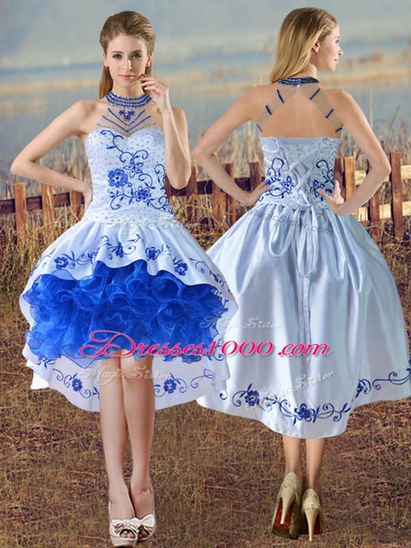Floor Length Blue And White Quinceanera Dresses Organza Court Train Sleeveless Embroidery and Ruffles
