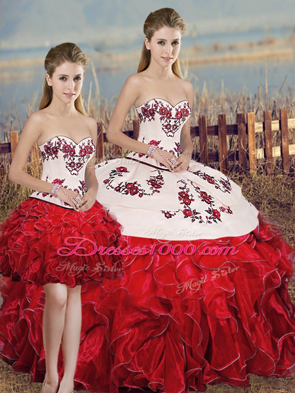 White And Red Sleeveless Embroidery and Ruffles and Bowknot Floor Length Vestidos de Quinceanera