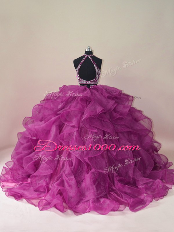 Fuchsia Scoop Neckline Beading and Ruffles Quinceanera Dress Sleeveless Backless