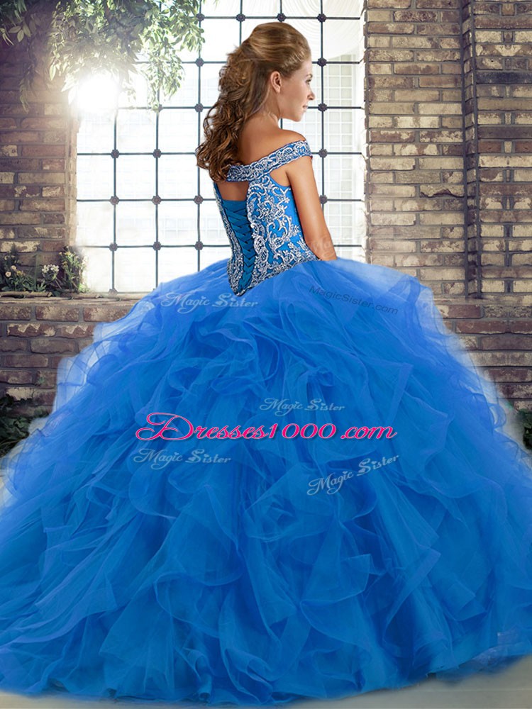 Nice Purple Off The Shoulder Neckline Beading and Ruffles Sweet 16 Quinceanera Dress Sleeveless Lace Up