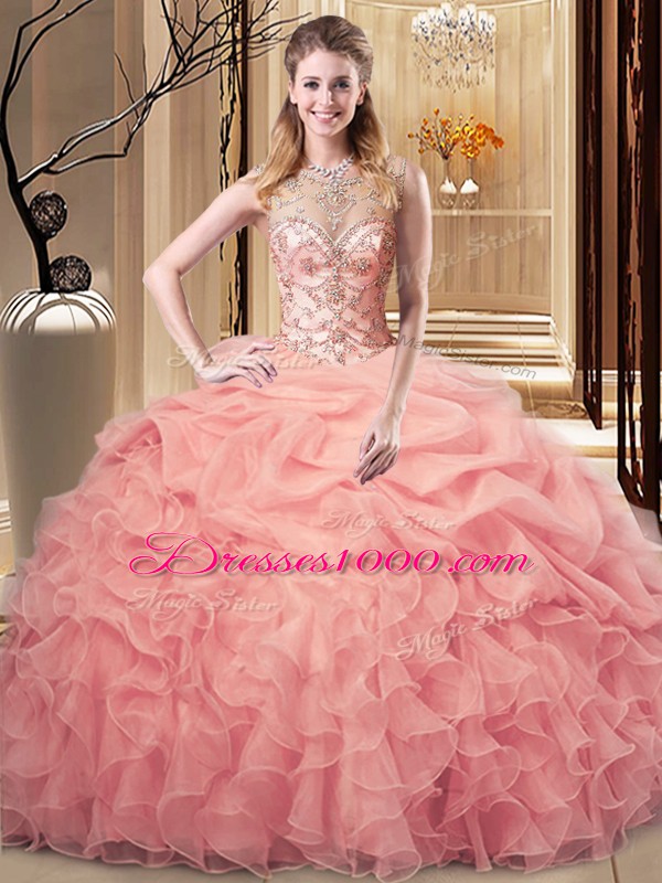 Beautiful Peach Ball Gowns Scoop Sleeveless Organza Floor Length Zipper Beading and Ruffles Quinceanera Gown