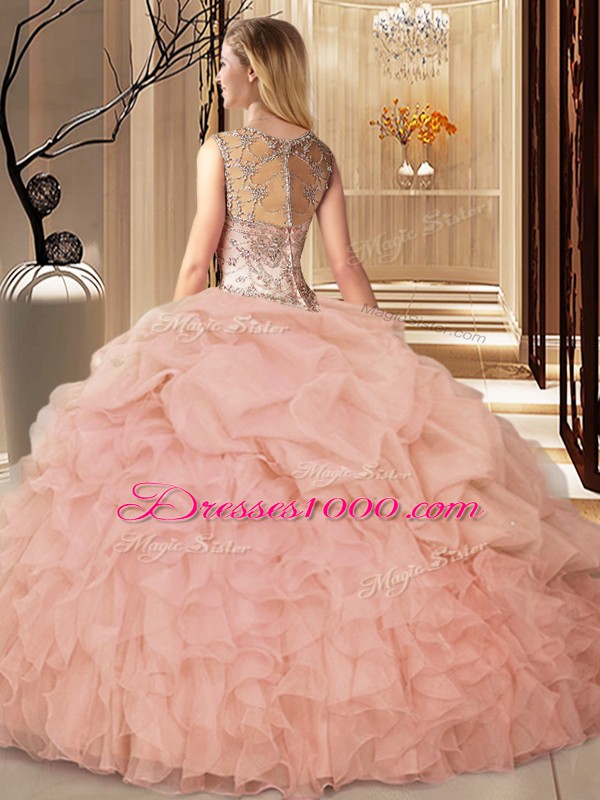 Beautiful Peach Ball Gowns Scoop Sleeveless Organza Floor Length Zipper Beading and Ruffles Quinceanera Gown