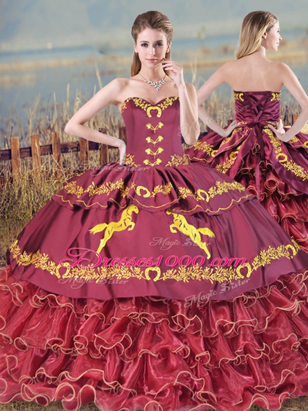 Burgundy Satin and Organza Lace Up Sweetheart Sleeveless Ball Gown Prom Dress Brush Train Embroidery and Ruffles