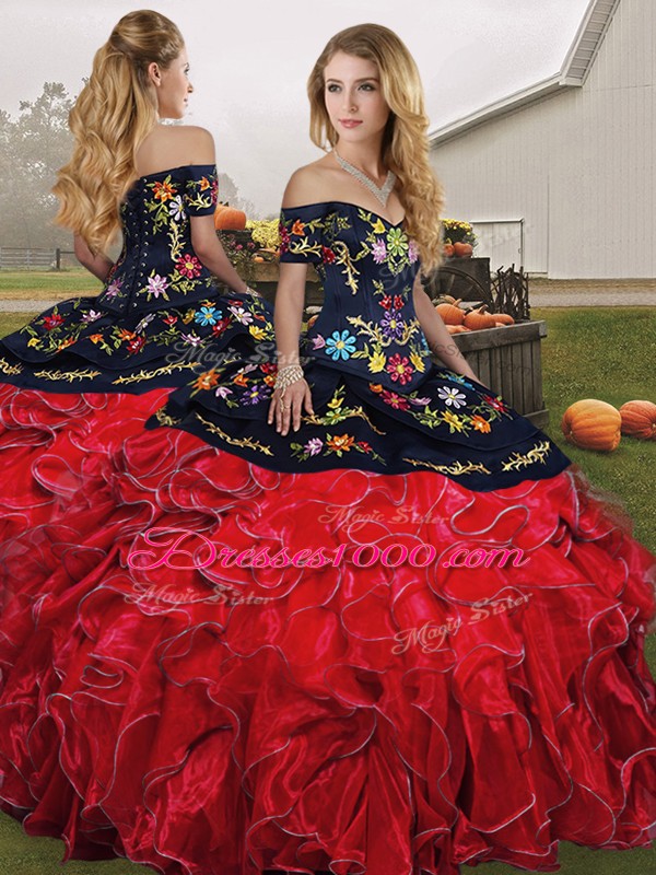 Fine Off The Shoulder Sleeveless Organza Sweet 16 Quinceanera Dress Embroidery and Ruffles Lace Up