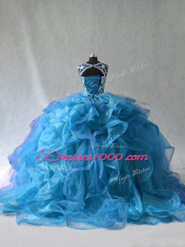 Fantastic Blue Quinceanera Dresses Organza Sleeveless Ruffles