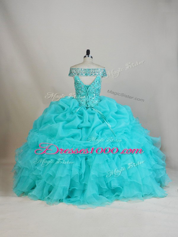 Lovely Aqua Blue Ball Gowns Organza Off The Shoulder Sleeveless Beading and Ruffles Floor Length Lace Up Quinceanera Dress