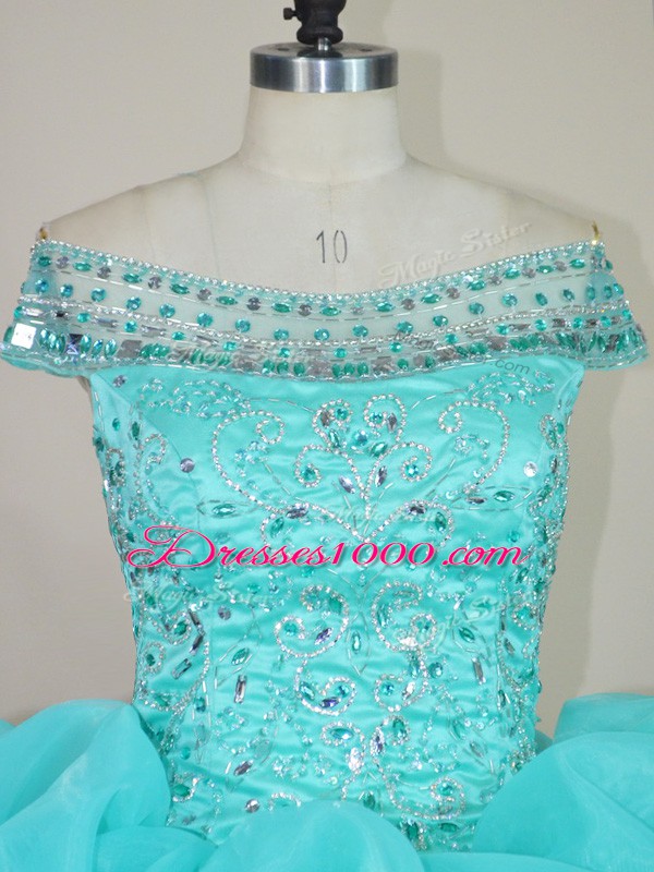 Lovely Aqua Blue Ball Gowns Organza Off The Shoulder Sleeveless Beading and Ruffles Floor Length Lace Up Quinceanera Dress