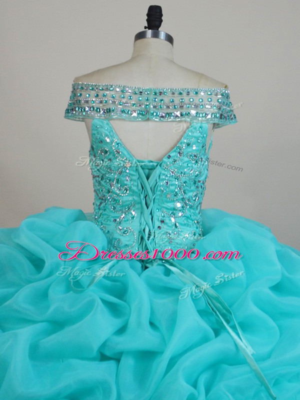 Lovely Aqua Blue Ball Gowns Organza Off The Shoulder Sleeveless Beading and Ruffles Floor Length Lace Up Quinceanera Dress