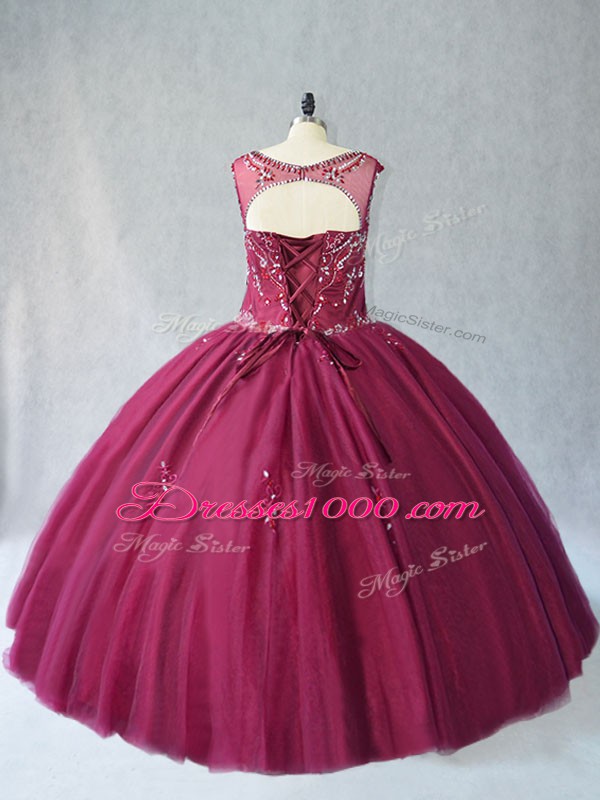 Sleeveless Floor Length Beading Lace Up Sweet 16 Quinceanera Dress with Burgundy