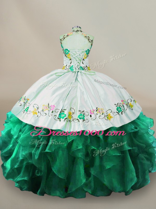 Fashion Dark Green Lace Up Halter Top Embroidery 15th Birthday Dress Organza Sleeveless