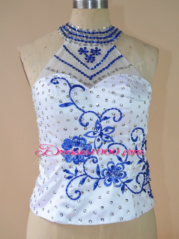 Halter Top Sleeveless Organza Vestidos de Quinceanera Embroidery and Ruffles Court Train Lace Up