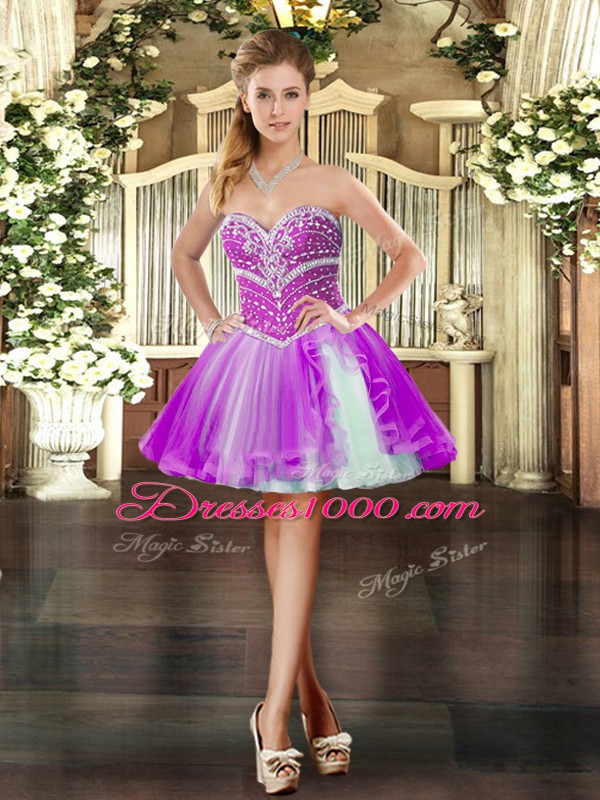Custom Designed Lilac Ball Gowns Tulle Sweetheart Sleeveless Beading Floor Length Lace Up Quinceanera Gowns