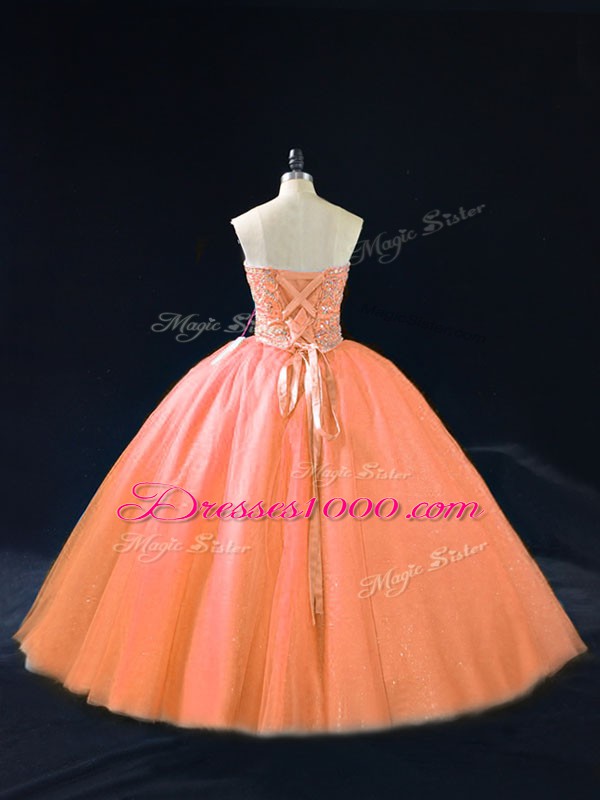 Excellent Beading Quinceanera Gown Peach Lace Up Sleeveless