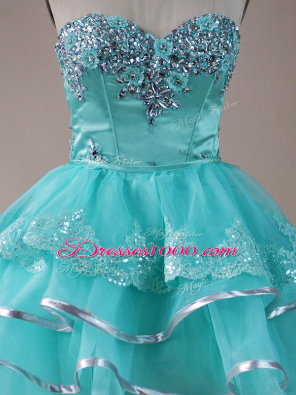 Smart Aqua Blue Sleeveless Beading and Lace and Ruffled Layers High Low Pageant Dress for Girls