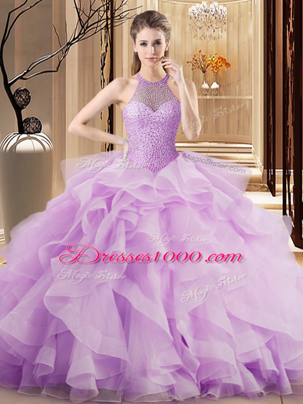 Lilac Organza Lace Up Halter Top Sleeveless Ball Gown Prom Dress Brush Train Beading and Ruffles